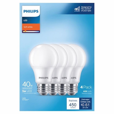 Philips Philips A19 E26 (Medium) LED Bulb Soft White 40 Watt Equivalence 4 pk 575829